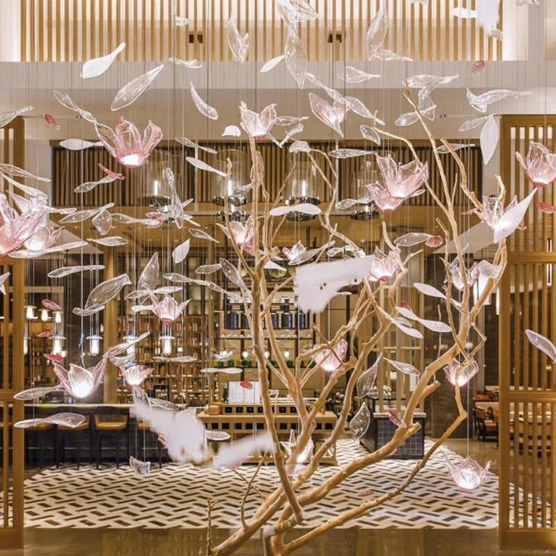 Designer Chandelier Crystal Pink Flower White Butterfly Shape Villa Hotel Lobby Decor Lights