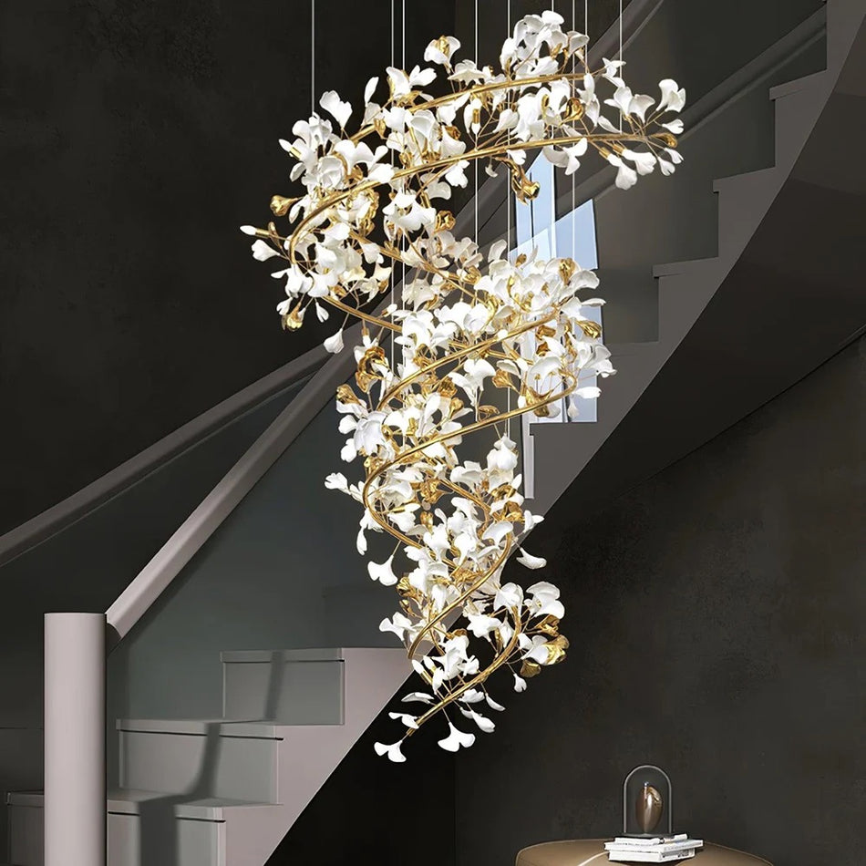 Designer Chandelier Extra Large Tall Ceramic Leaf High Decorative Luxury Loft Hotel, Home Stairs Lights