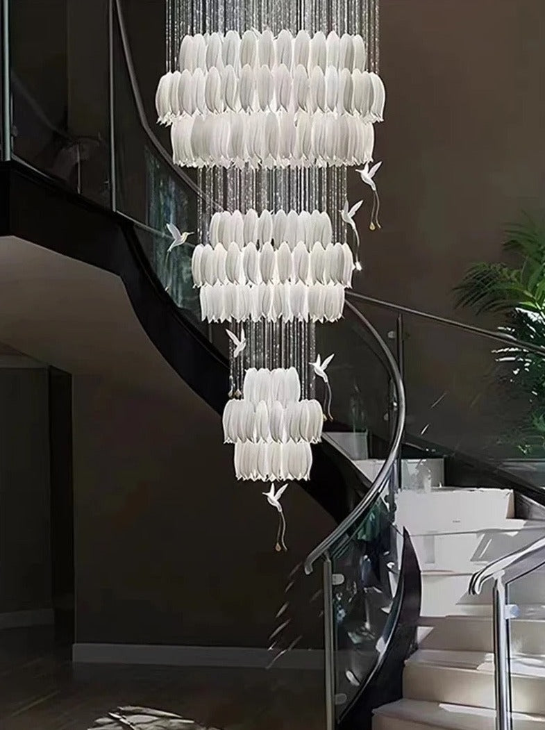Modern Chandelier Large Long Ceramic Floral Shape Led Staircase Design Lighting